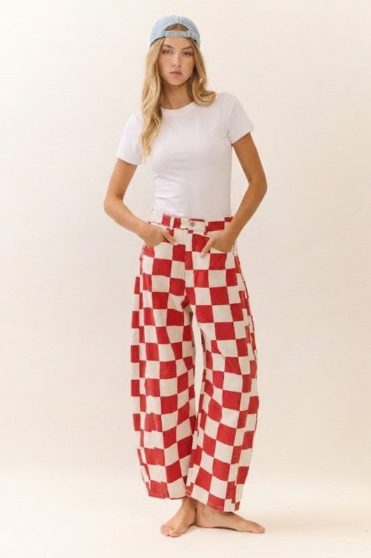 Women's Checkered Printed Barrel Denim Pants