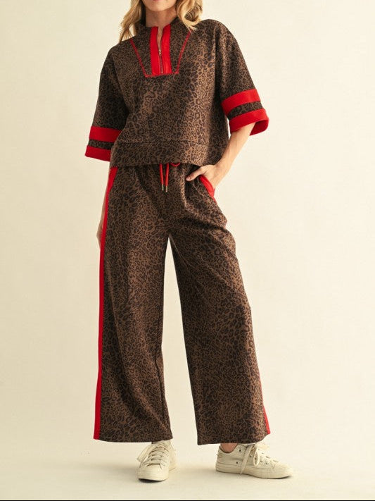 Women's Drawstring Waist Faux Suede Leopard Sweatpants