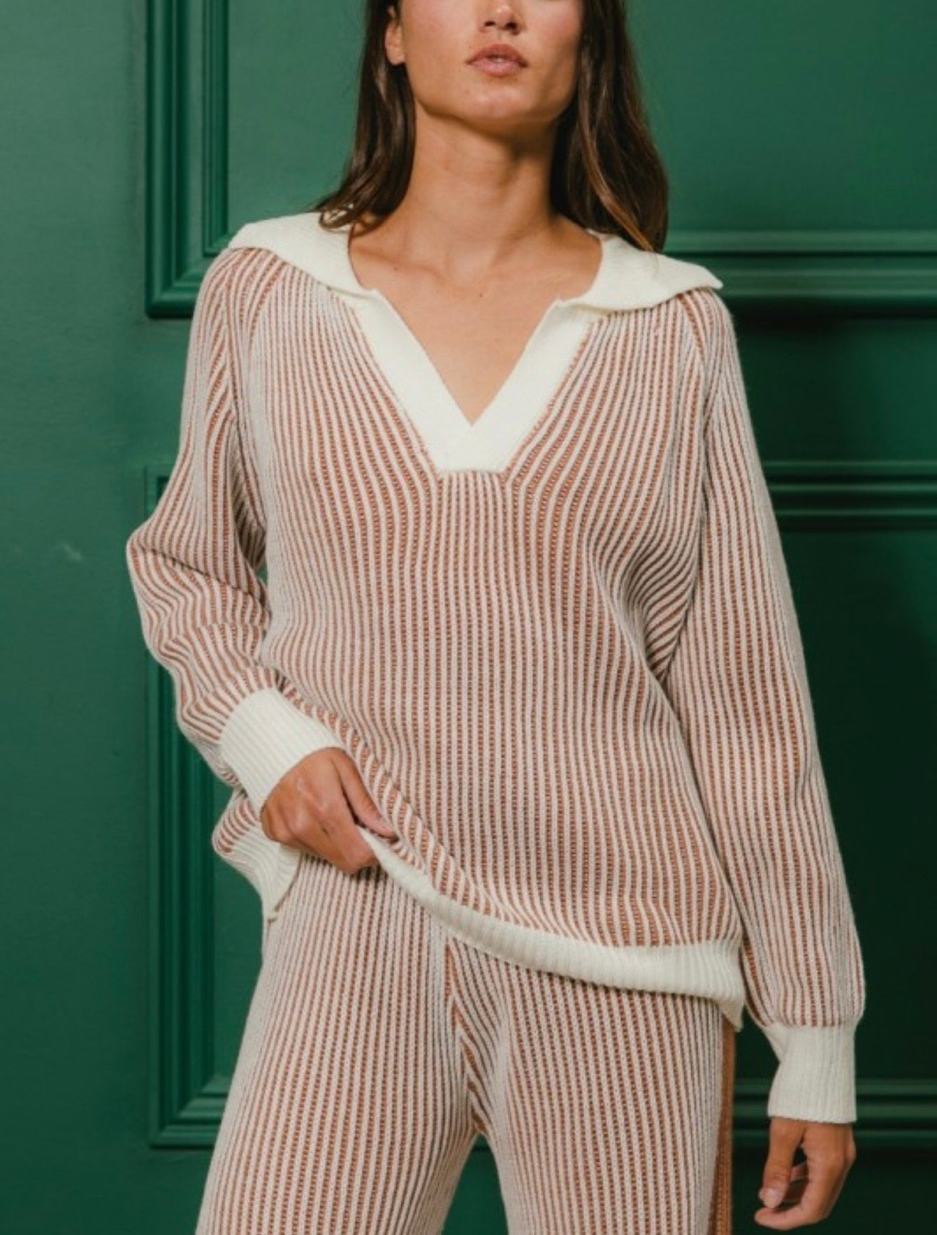 Two Tone Ribbed Knit Sweater Top