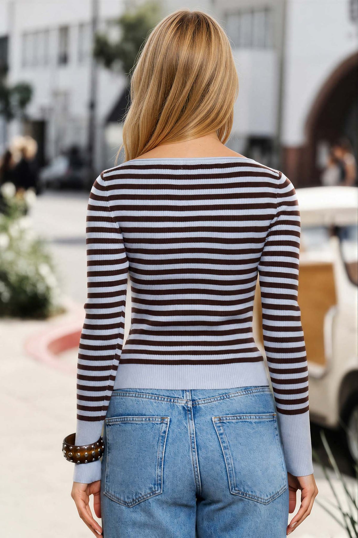 Women's Boat Neck Stripe Ribbed Long-Sleeve Sweater Top