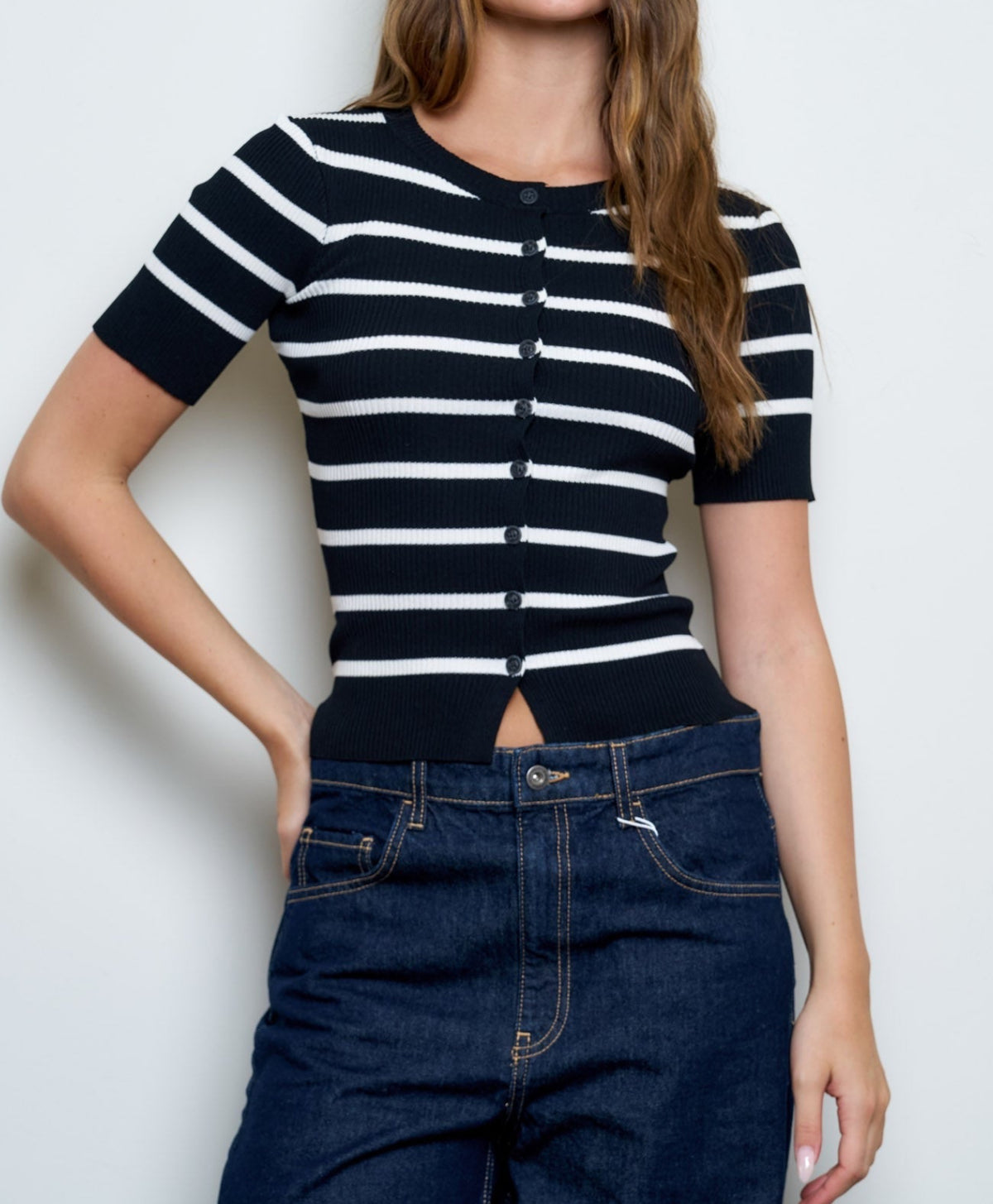 Women's Short-Sleeve Striped Rib-Knit Cardigan Top