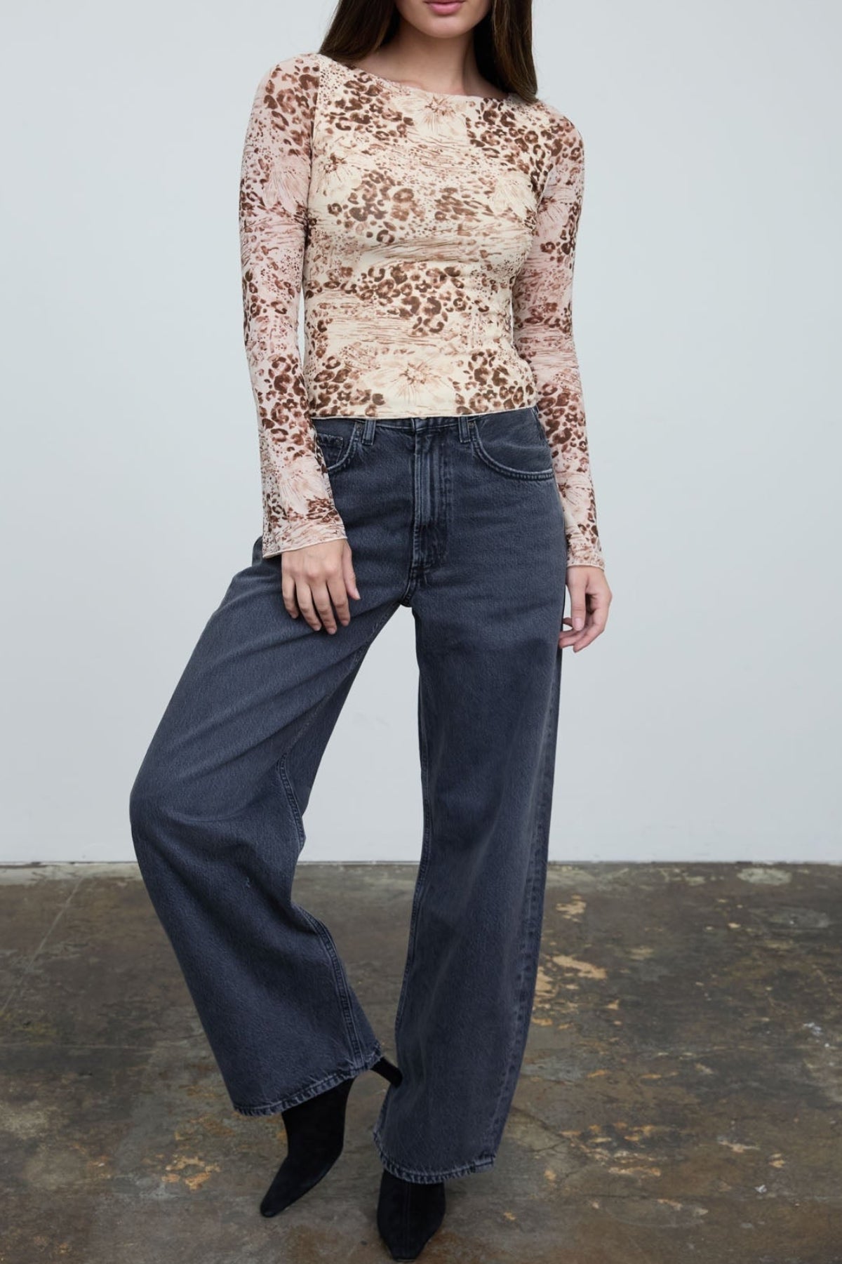 Women's Floral Leopard Print Long Sleeve Knit Top