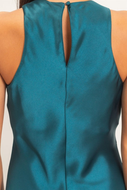 Women's Sleeveless Satin Midi Dark Teal Dress