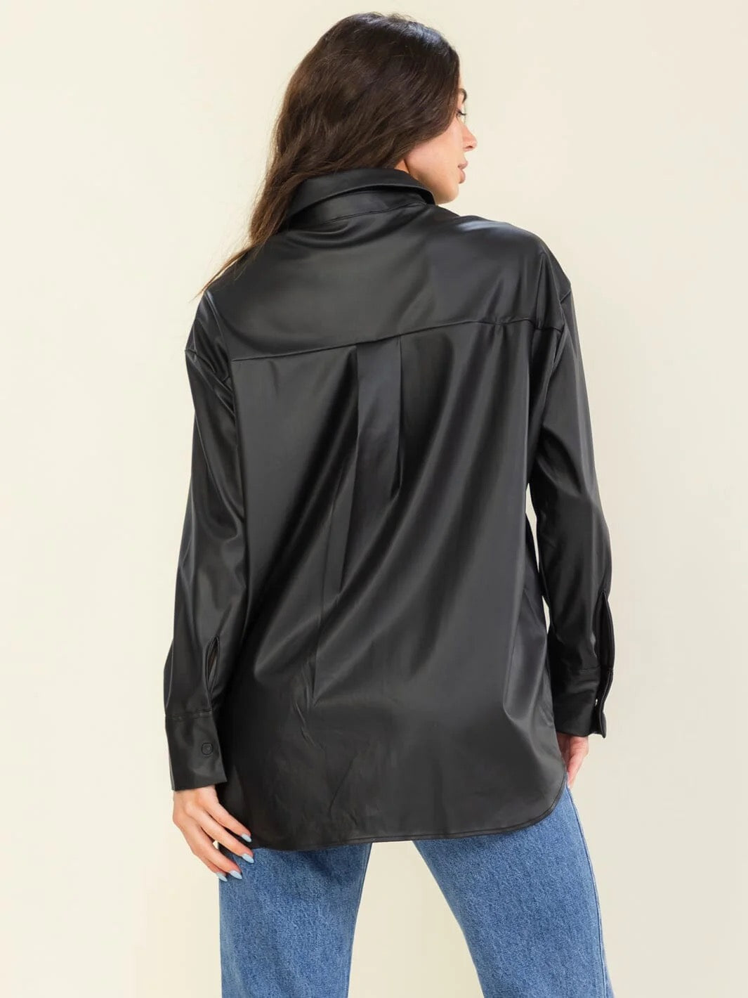 Entro Women's Long Sleeve Button Up Front Pocket PU Leather Shacket