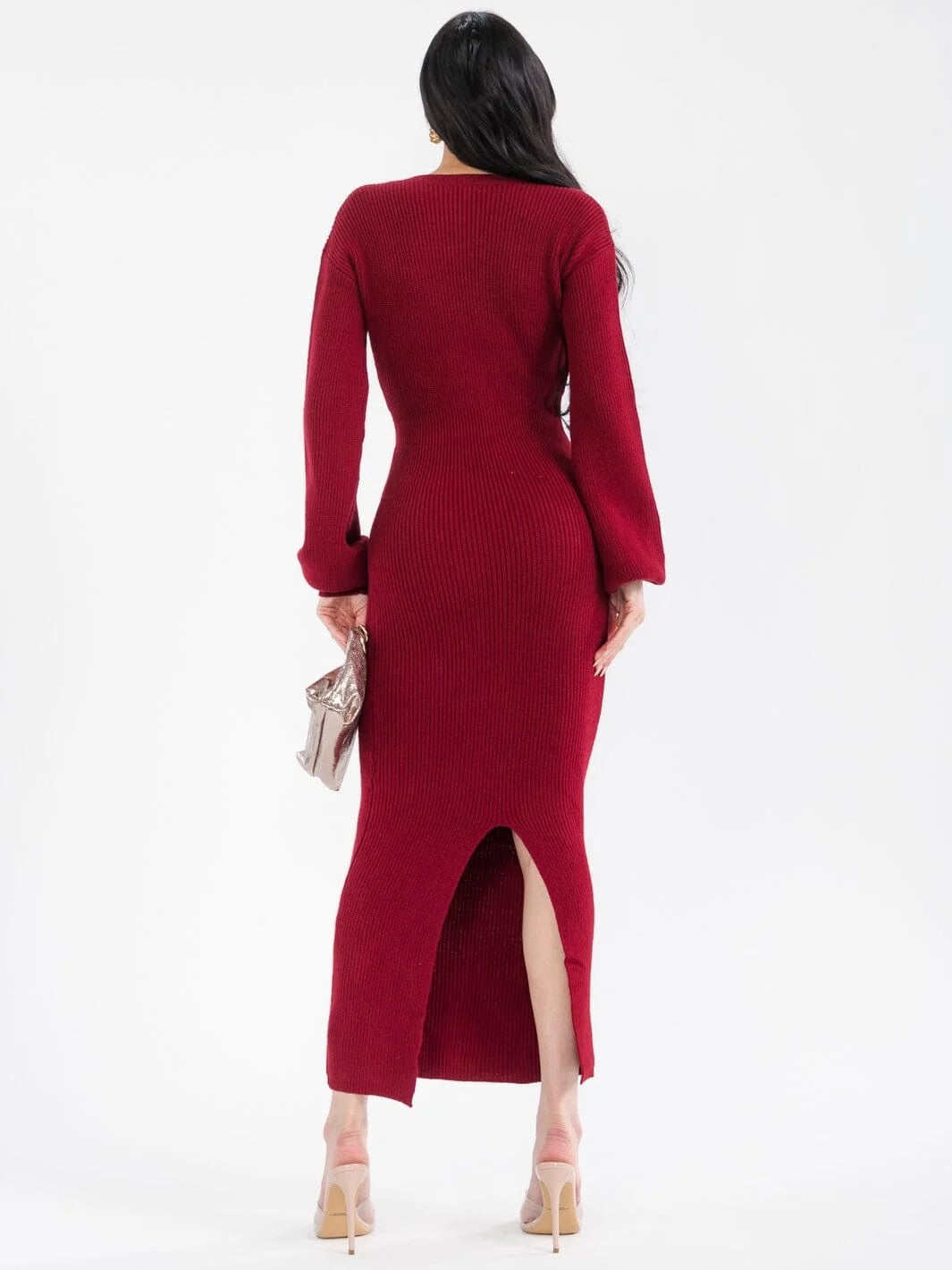 Women's Long Sleeve Surplice Ribbed Bodycon Maxi Dress