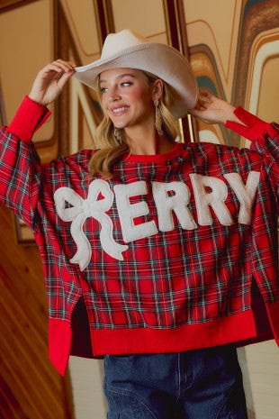Women's Christmas Tartan Plaid Merry Chenille Patch Sweatshirt