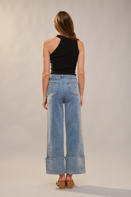 blueB Cuffed Bottom With Sequins Detailed Jeans