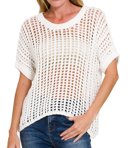Off White Crochet Knit Cropped Short Sleeve Sweater