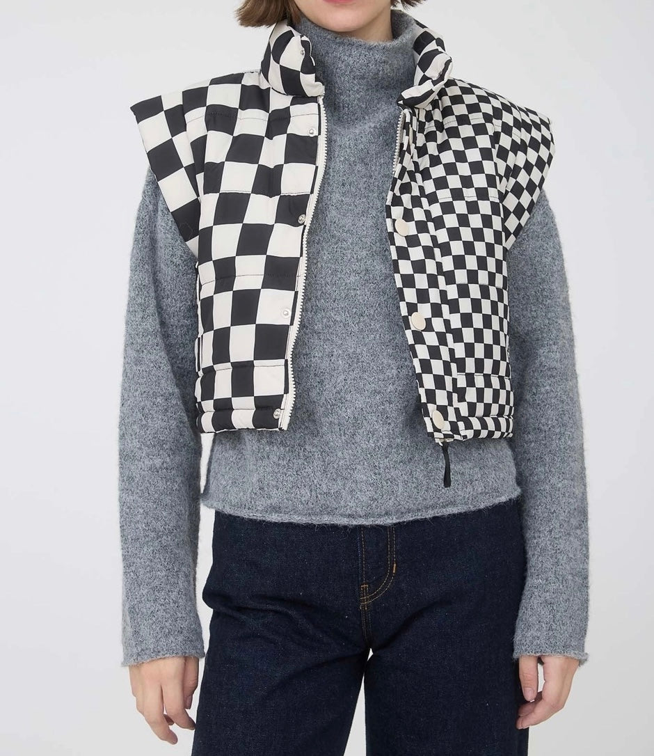 Checkered Cropped Puffer Vest (Black)