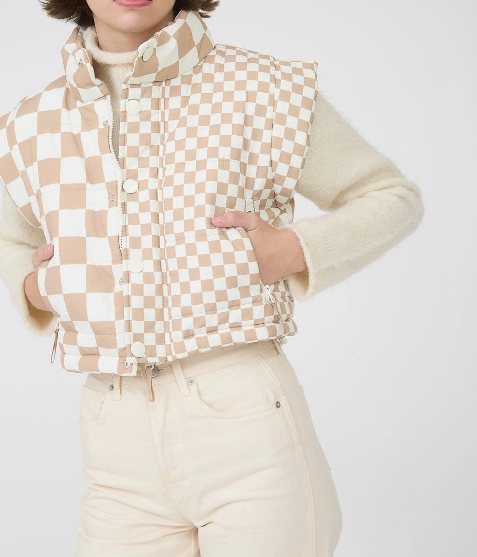 Checkered Cropped Quilted Puffer Vest – Khaki
