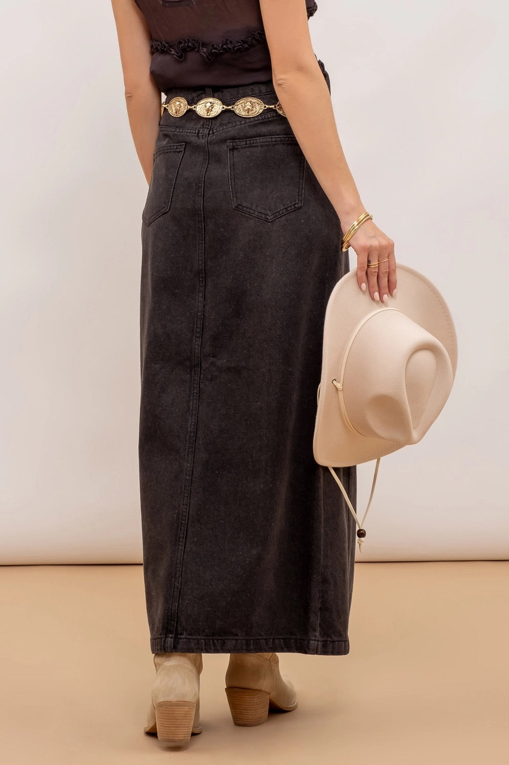 Blu Pepper Paneled Denim Midi Skirt