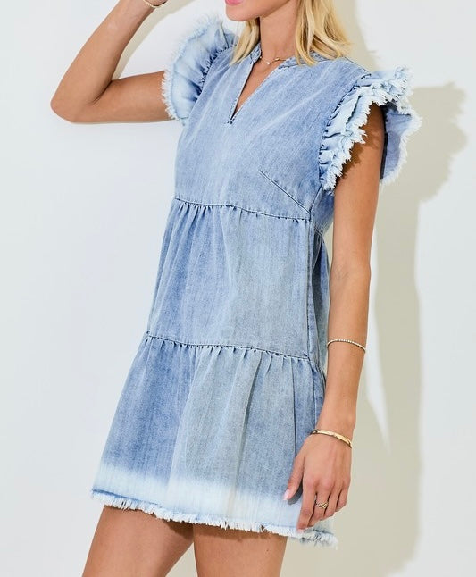 Denim Tiered Mini Dress with Ruffles and Raw Edge