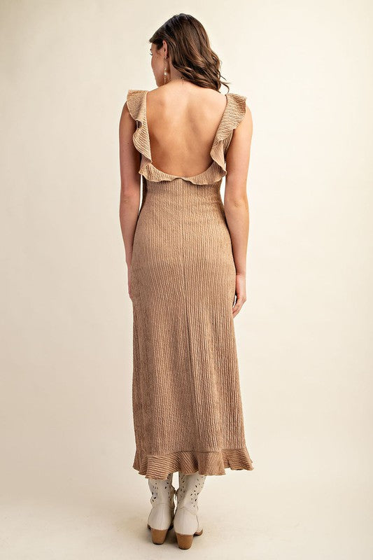 Textured Midi Dress w/Ruffled Slit (Beige)
