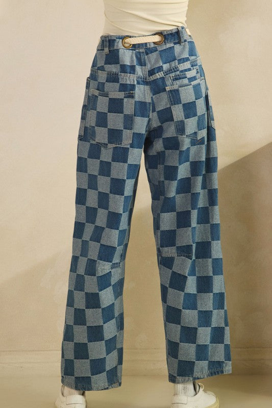 Vintage Checkered Denim Blue with Rope String