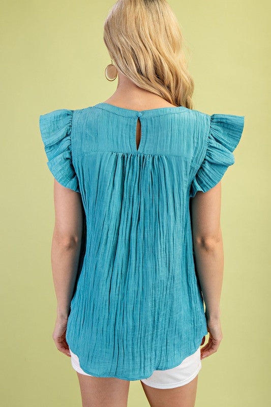 Crinkle Flutter Sleeve Top – Mint Blue