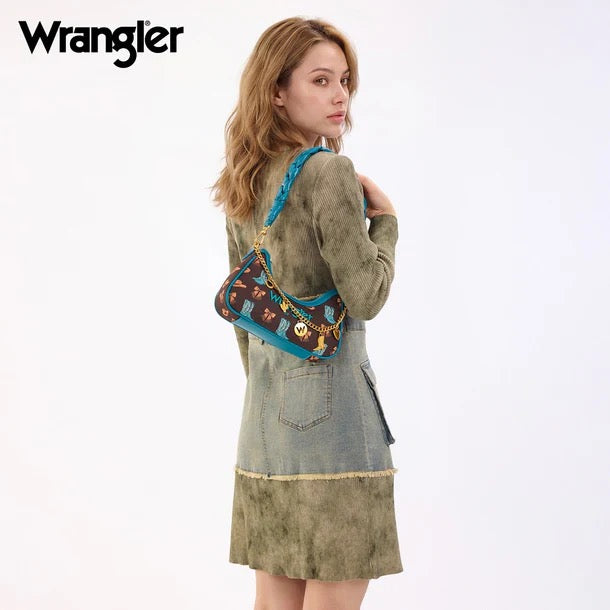 Turquoise Braided Handle Wrangler Western Cowgirl Print Shoulder Bag
