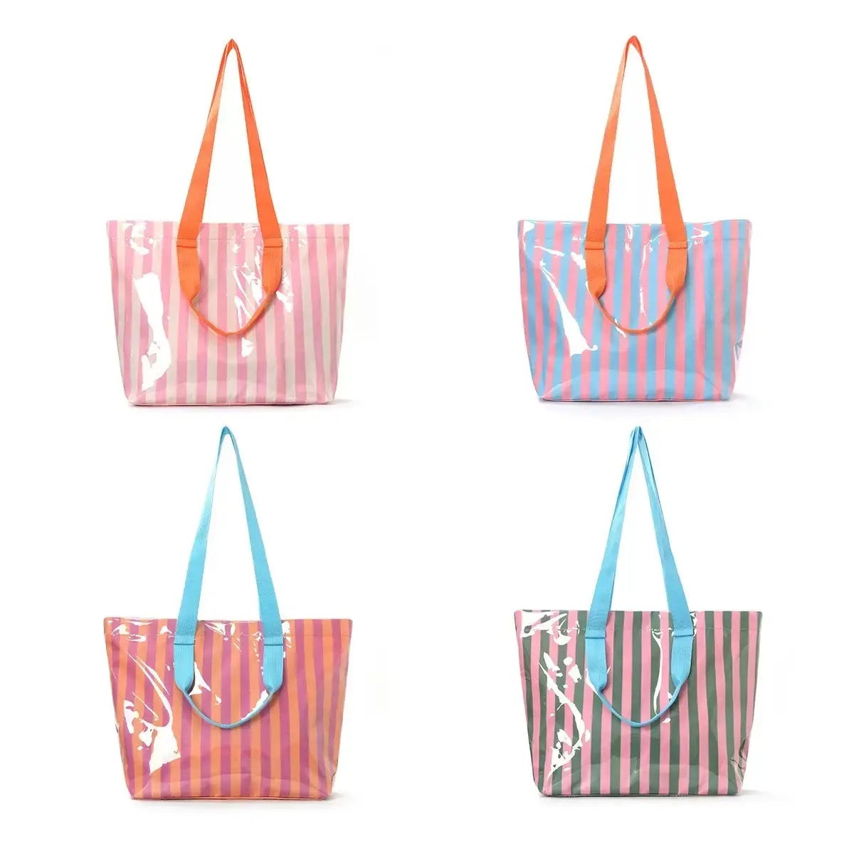 Waterproof Striped Plastic Pink Tote with Orange Handles