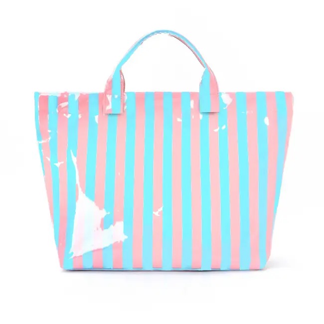 Large Striped Vinyl Tote Turquoise & Pink Design