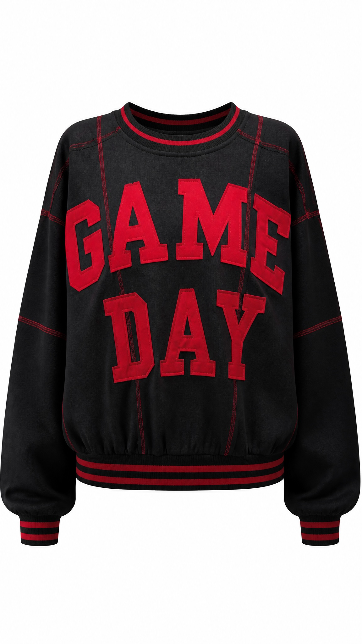 Black/Red Gameday Patchwork Stitch Detail French Terry Top