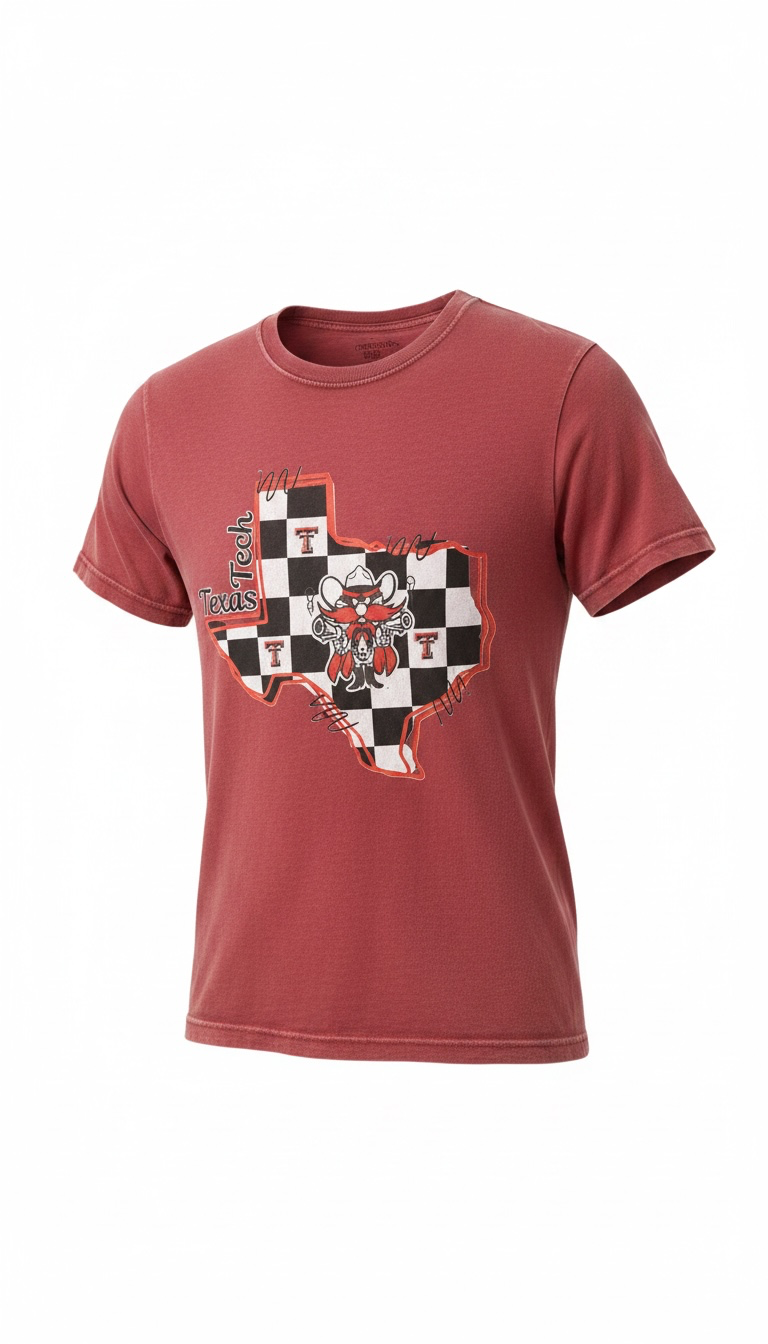 Woman's State of Texas Graphic Red-Wash Crewneck T-shirt Black & White Checkered Patterned