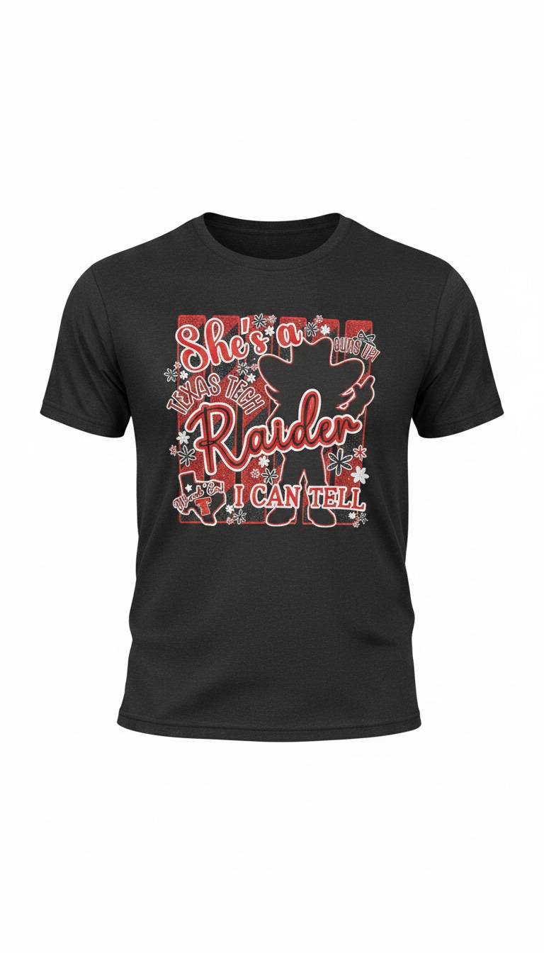 A black short-sleeve crewneck t-shirt featuring a red and white graphic print on the front with the text 'She's a Wild Racer I CAN TELL' and a silhouette of a cowboy riding a bucking horse.