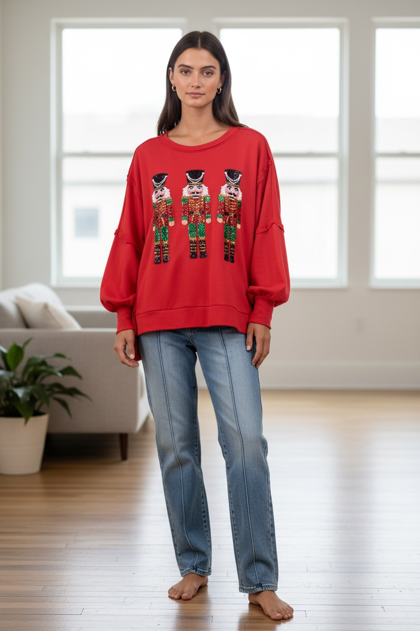 Women's Christmas Sequin Nutcrackers Embroidery Sweatshirt