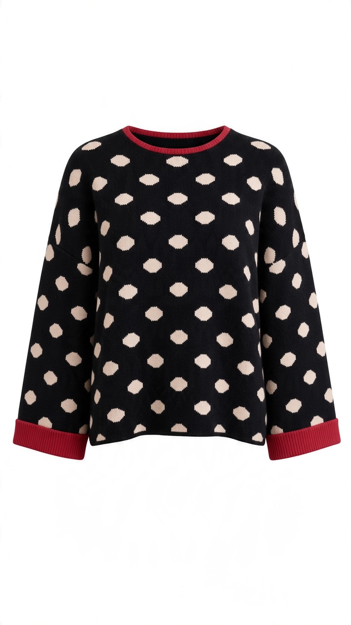 Women's Contrast Neck & Roll Up Detail Polka Black Dot Sweater