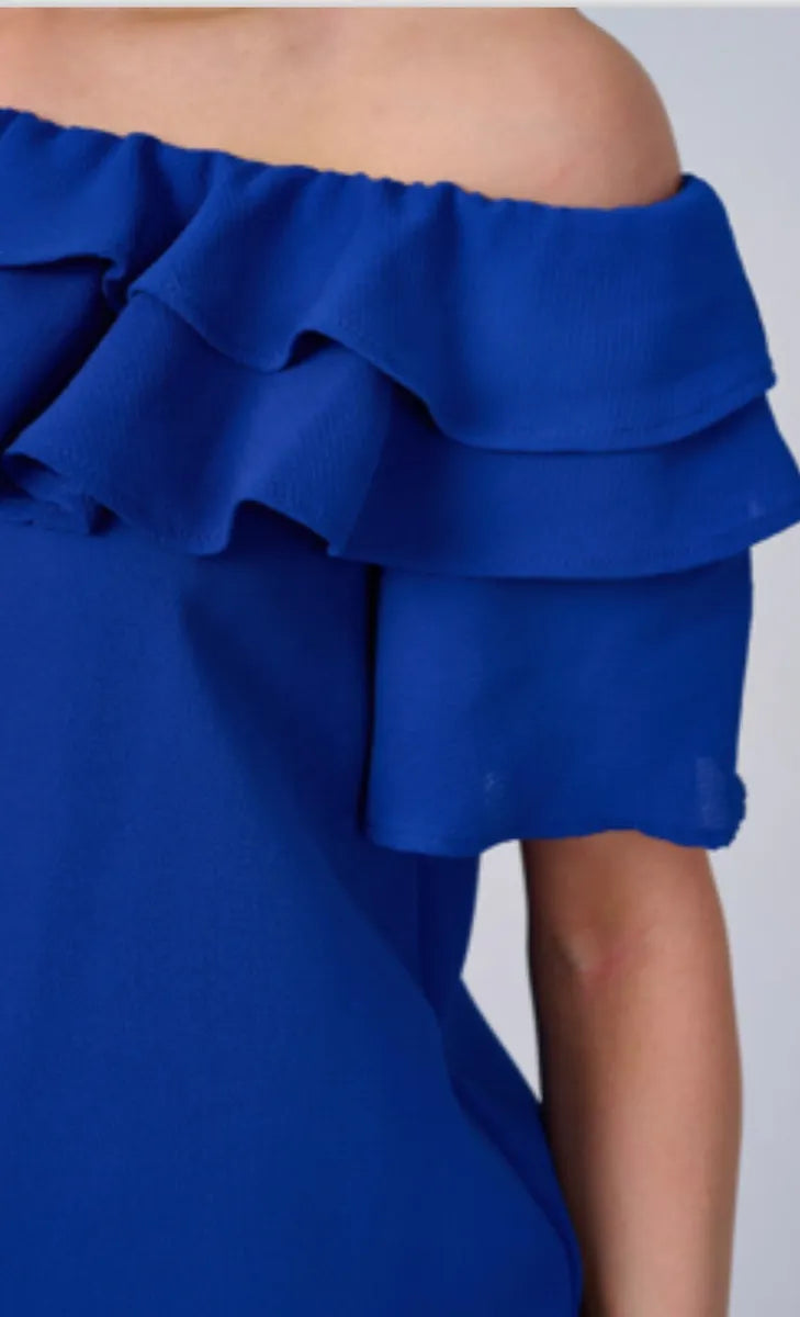 Layered Ruffled Off-Shoulder Blouse (Blue)