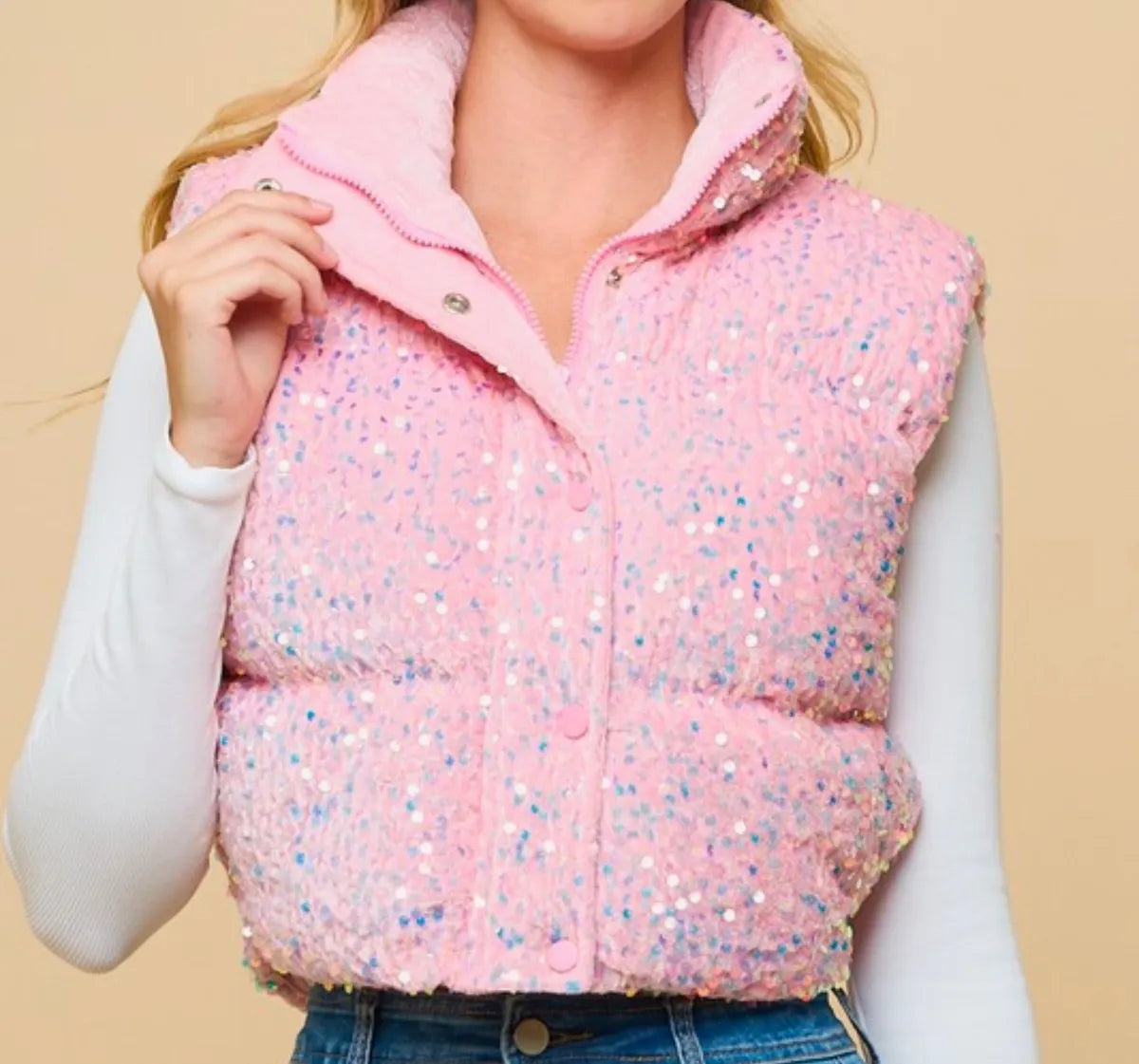 Sequin Puffer Vest (Pink) - Sold Out