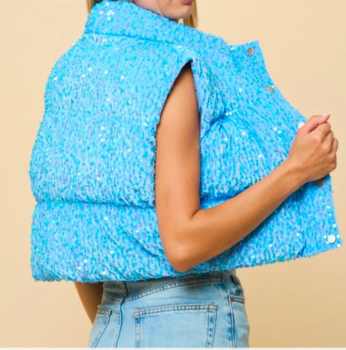 Sequin Puffer Vest (Blue)