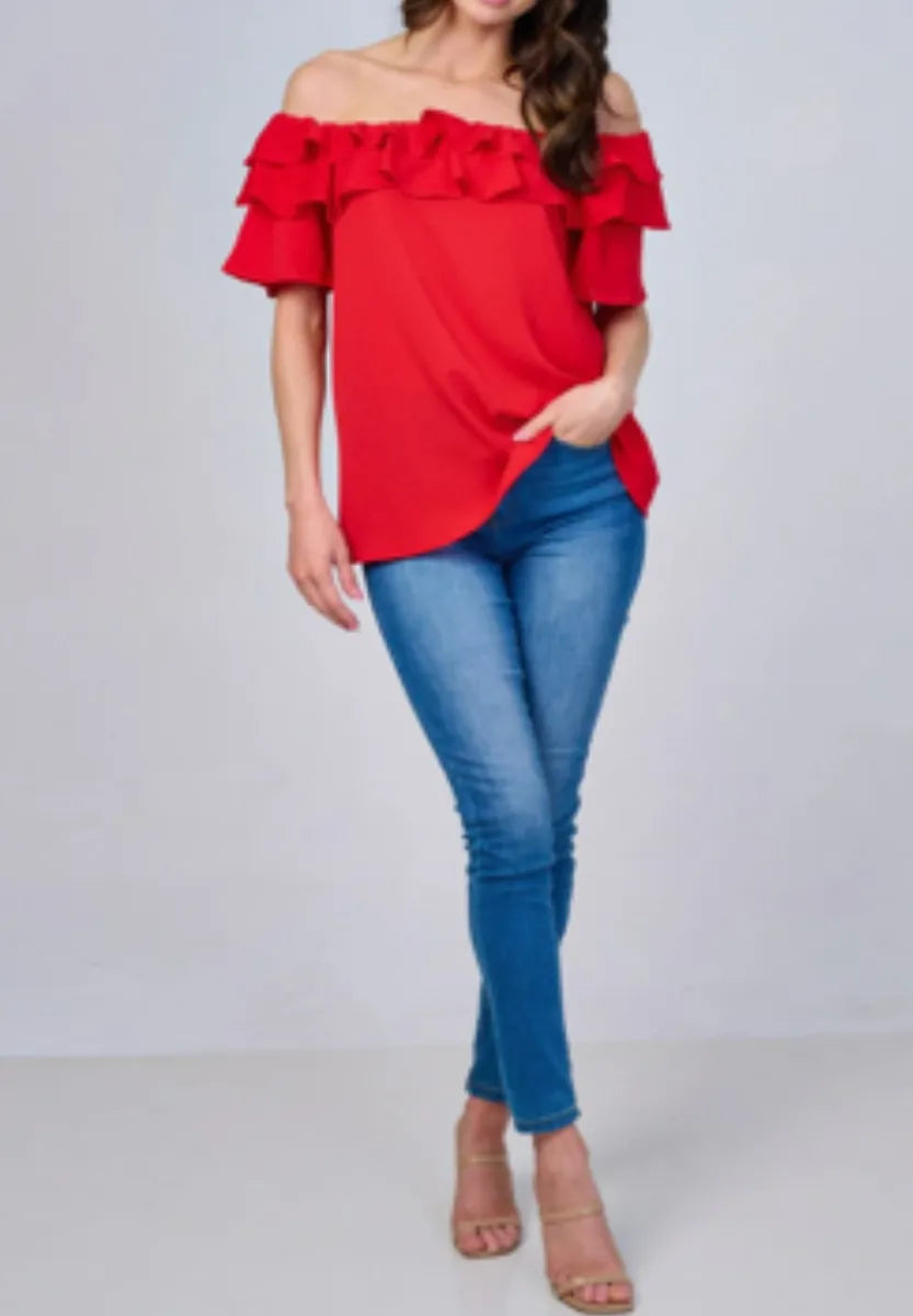 Layered Ruffled Off-Shoulder Blouse (Red)