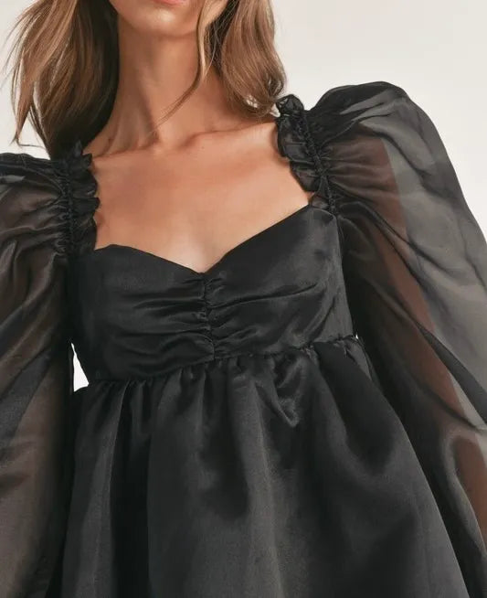 Long Puff Sleeve Ruffled Babydoll Mini Dress