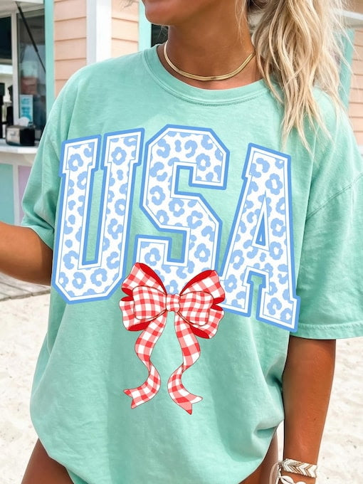 Preppy Leopard "USA" Gingham Bow Tee