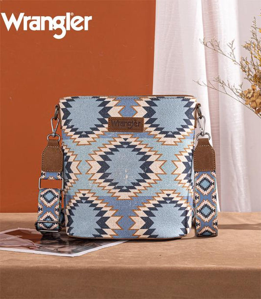 Wrangler Aztec Print Canvas PU Leather Crossbody Bag (Teal)