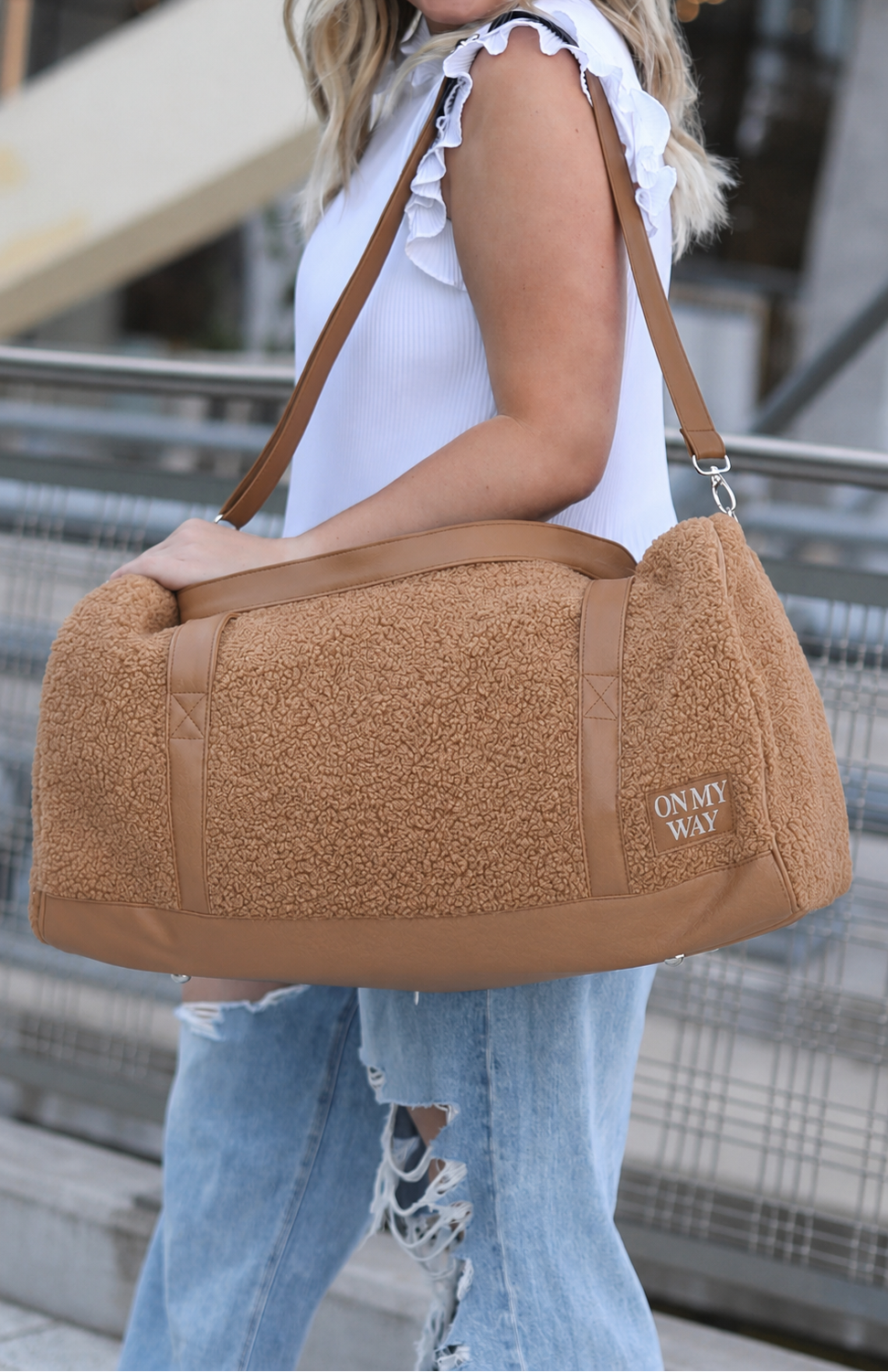 Purse Case Sherpa "On My Way" Duffle Big Bag in Tan