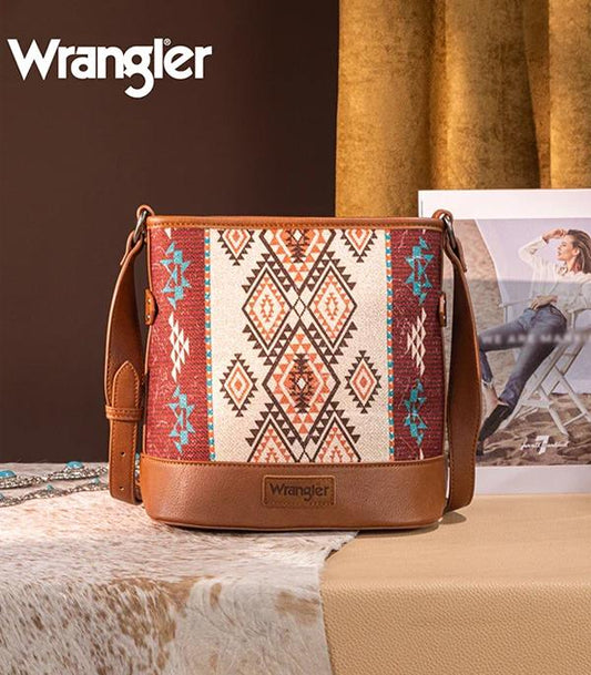 Wrangler Aztec Print Canvas Vegan Leather Crossbody Bag (Brown)