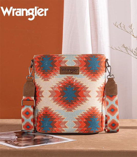 Wrangler Aztec Print Canvas PU Leather Crossbody Bag (Orange)