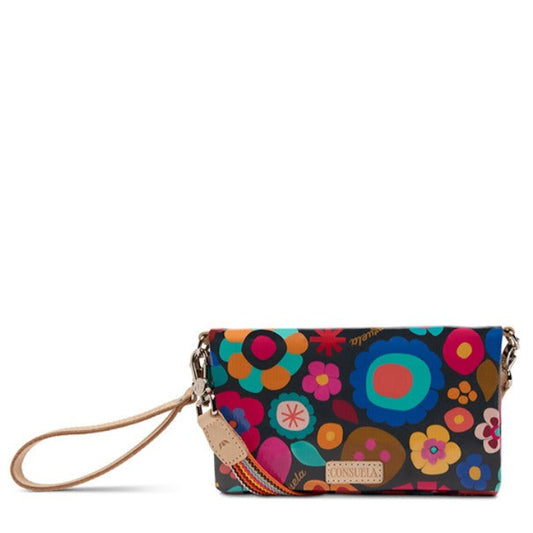 Colorful floral-patterned wallet with a strap on a white background