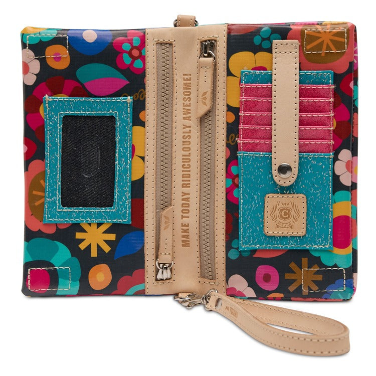 Colorful wallet with floral pattern and text on a white background
