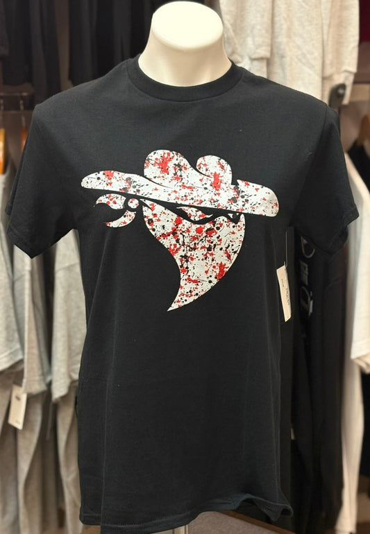 Black t-shirt with a splatted texas tech red raider hat design on a mannequin in a clothing store.