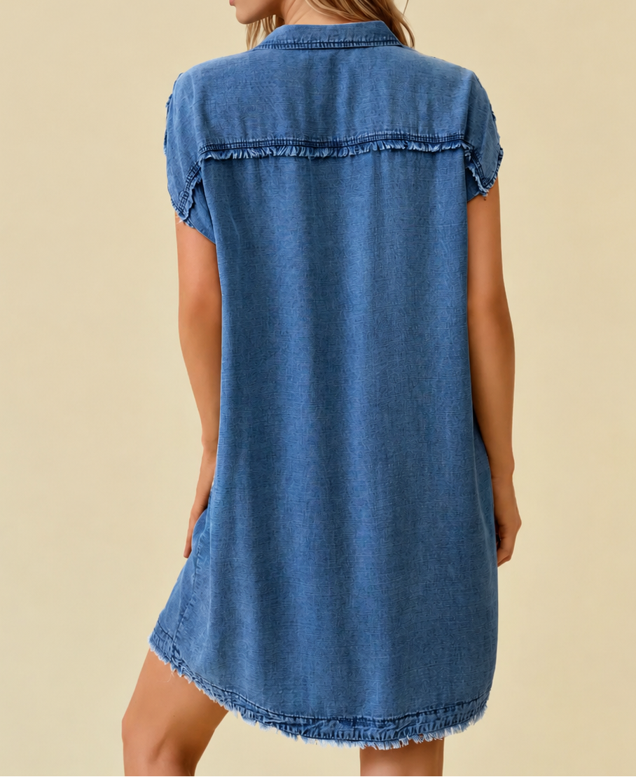 Tencel Dark Denim Short Sleeve Shirt Mini Dress