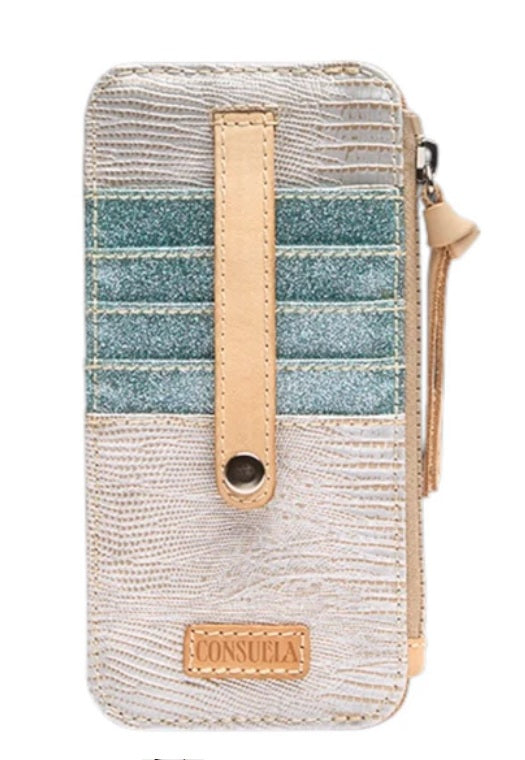 Striped wallet with beige strap and Consuela logo on a white background