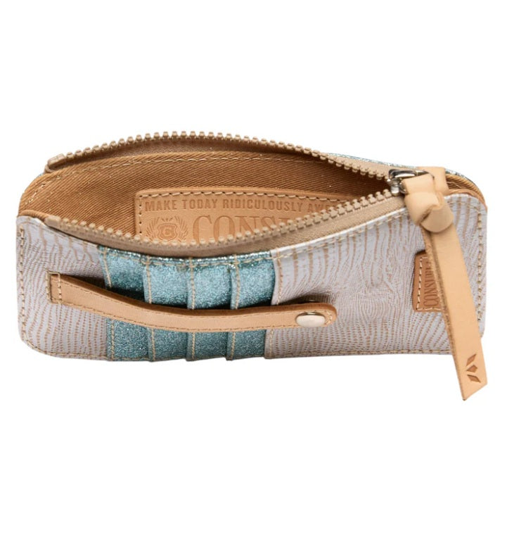 Small pouch with zipper and textured fabric on a white background