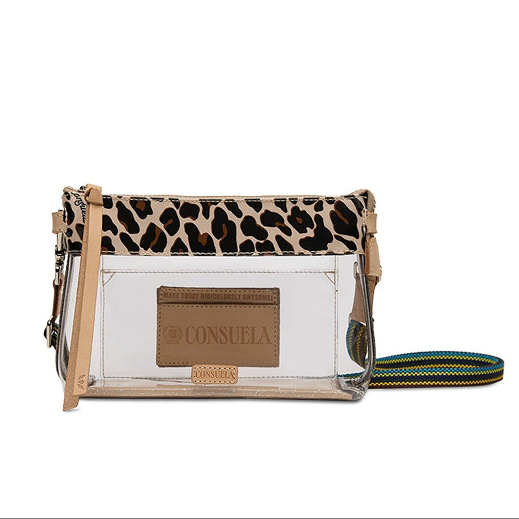 Clear handbag with leopard print top section and visible 'Consuela' brand on a white background