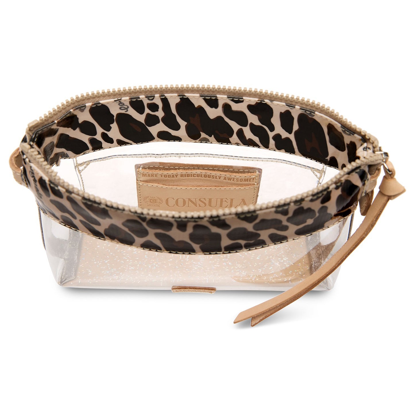 A Consuela cosmetic pouch featuring a leopard print pattern on the top trim and a clear, glittery transparent base, shown on a white background.