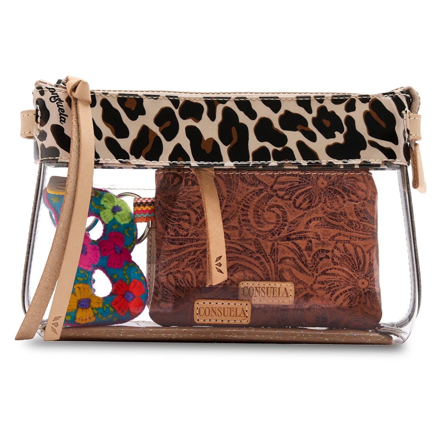 A clear plastic zippered pouch bag with a leopard print fabric top band and beige wristlet strap, shown on a white background. Inside are two brown embossed leather wallets, one with a colorful floral keychain attached.