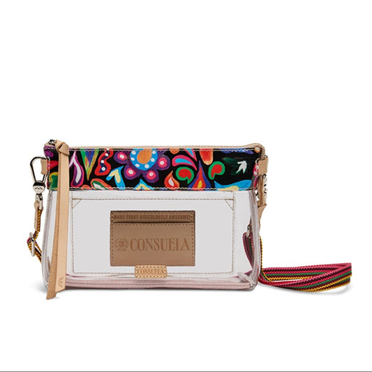 Multicolored handbag with a visible brand logo on a white background