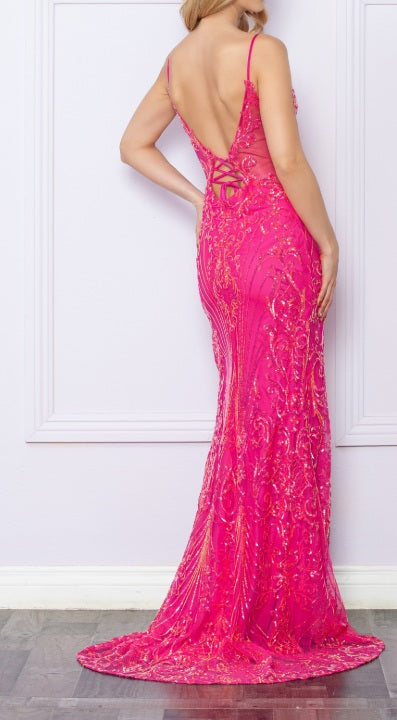 Plunging Neckline Adorned with Stylish Straps and Mesh Side Details (Fuchsia)