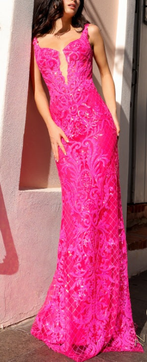 Sequin Embroidered Mermaid Dress (Hot Pink)