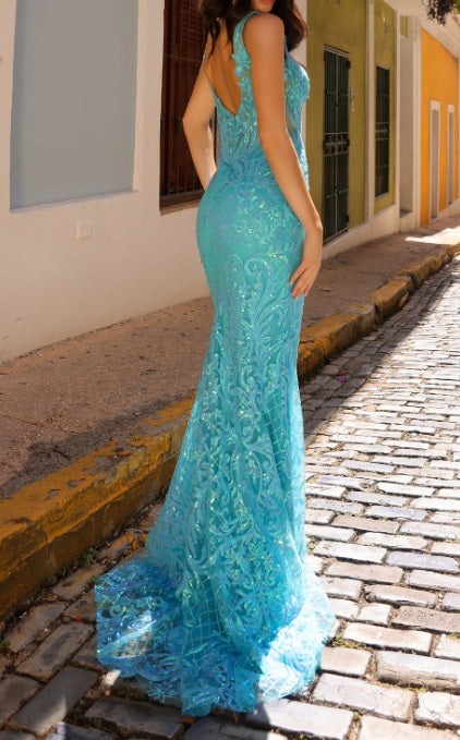 Sequin Embroidered Mermaid Dress (Turquoise)